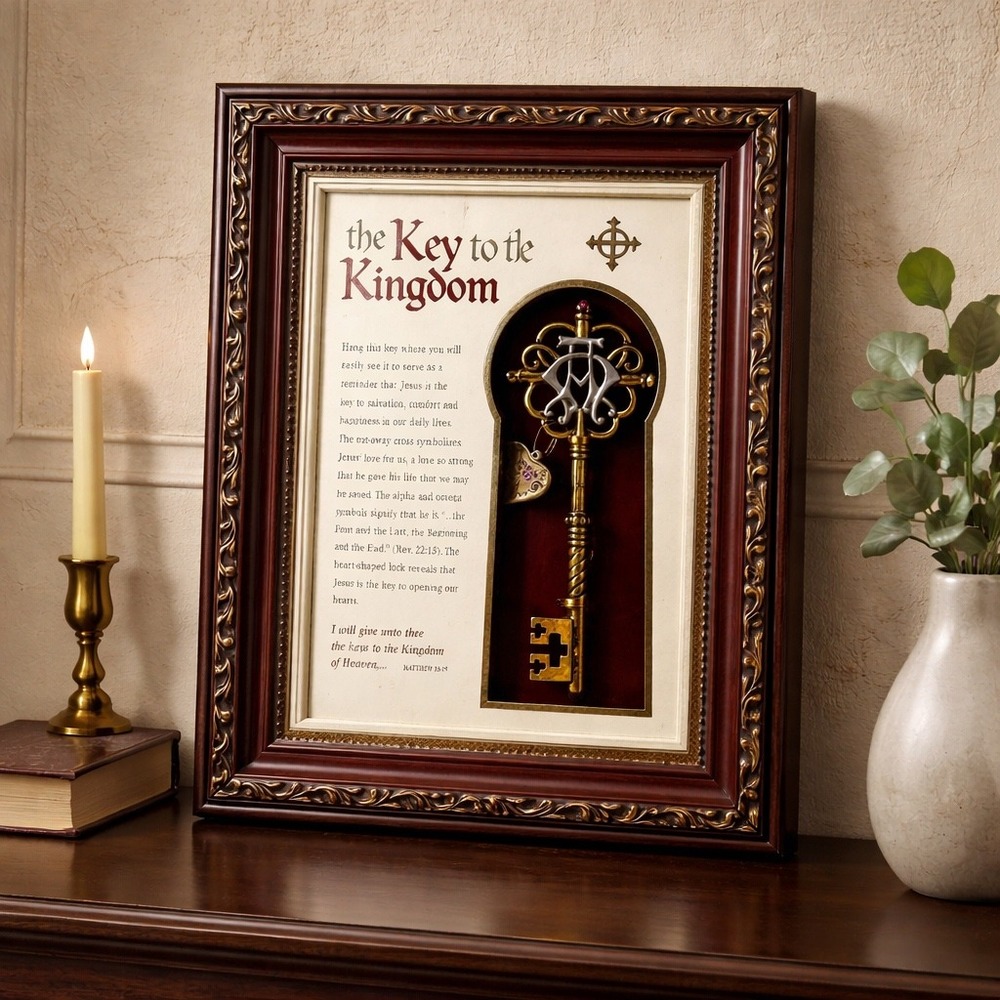 The Key to the Kingdom Framed Shadow Box‎ Religious Wall Art Gold Tone Key 8x10